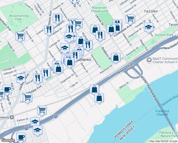 map of restaurants, bars, coffee shops, grocery stores, and more near 6112 Tulip Street in Philadelphia