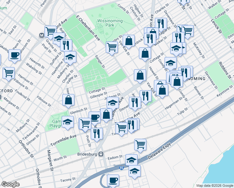 map of restaurants, bars, coffee shops, grocery stores, and more near 5350 Jackson Street in Philadelphia