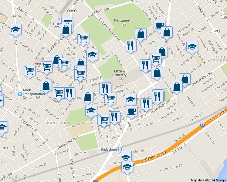 map of restaurants, bars, coffee shops, grocery stores, and more near 5217 Cottage Street in Philadelphia