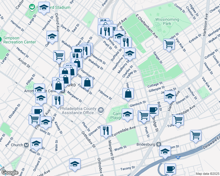 map of restaurants, bars, coffee shops, grocery stores, and more near in Philadelphia