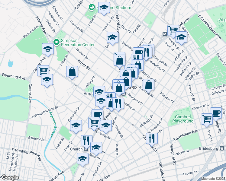 map of restaurants, bars, coffee shops, grocery stores, and more near 4653 Penn Street in Philadelphia
