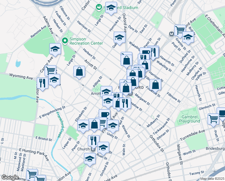 map of restaurants, bars, coffee shops, grocery stores, and more near 4650 Penn Street in Philadelphia