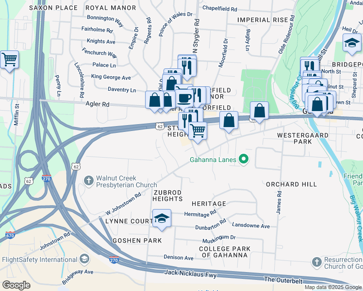 map of restaurants, bars, coffee shops, grocery stores, and more near 135 South Stygler Road in Columbus