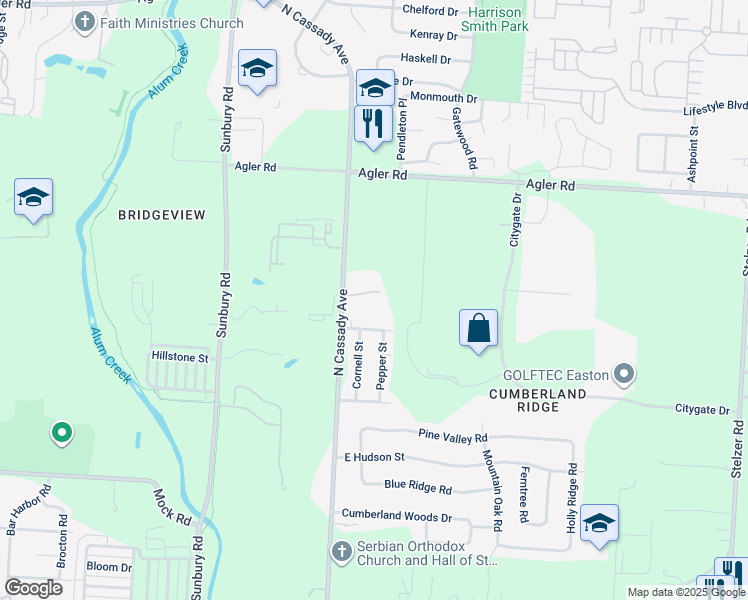 map of restaurants, bars, coffee shops, grocery stores, and more near 3099 Cassady Village Trail in Columbus