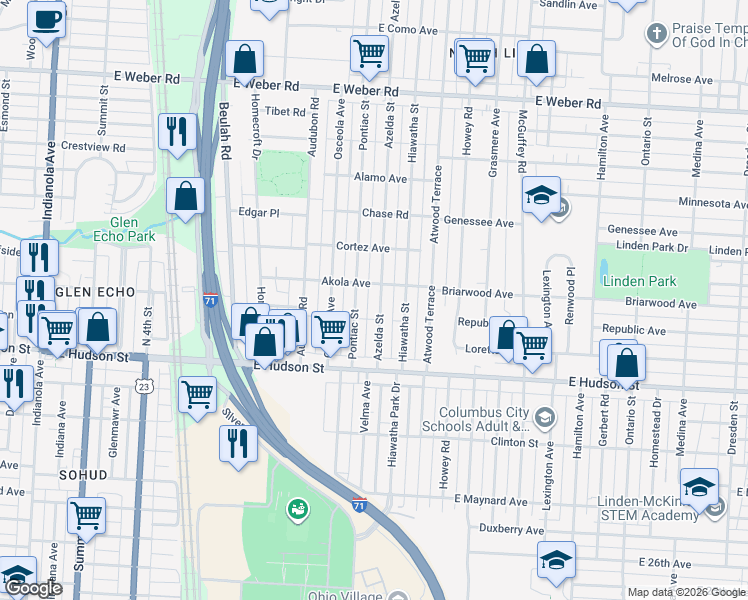 map of restaurants, bars, coffee shops, grocery stores, and more near 2544 Azelda Street in Columbus