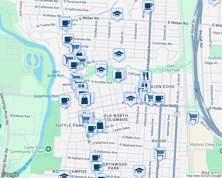 map of restaurants, bars, coffee shops, grocery stores, and more near 2654 Adams Avenue in Columbus