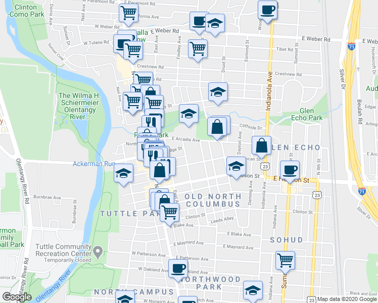 map of restaurants, bars, coffee shops, grocery stores, and more near in Columbus