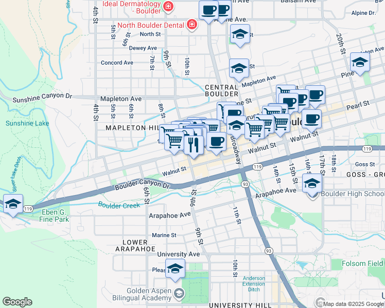 map of restaurants, bars, coffee shops, grocery stores, and more near 900 Pearl Street in Boulder