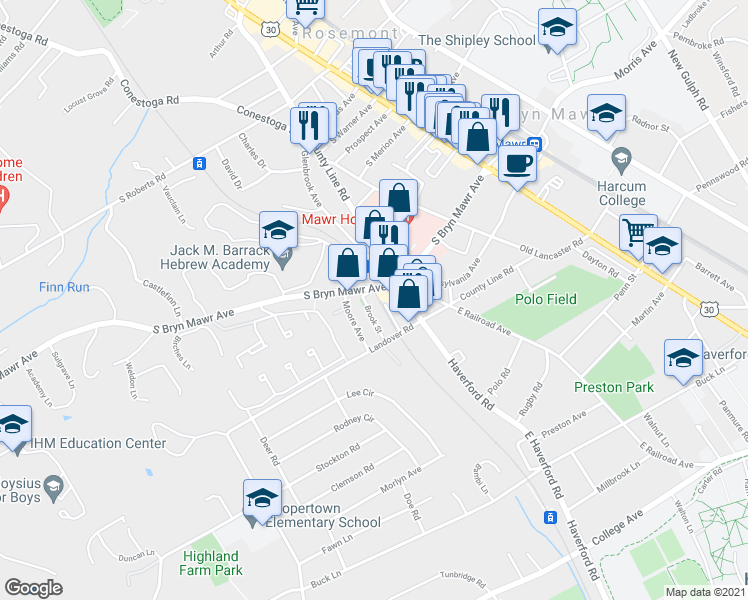 map of restaurants, bars, coffee shops, grocery stores, and more near 221 Brook Street in Bryn Mawr