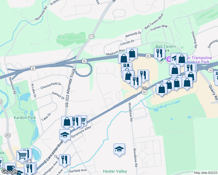 map of restaurants, bars, coffee shops, grocery stores, and more near 124 Plaza Drive in Downingtown