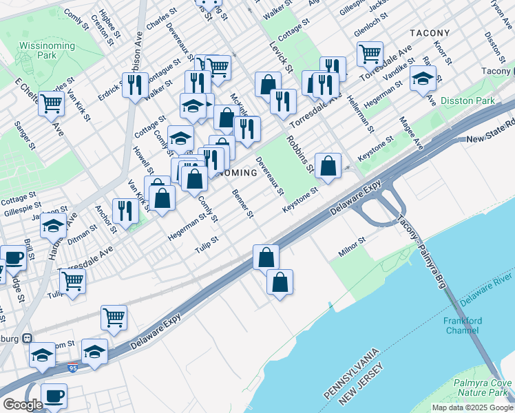 map of restaurants, bars, coffee shops, grocery stores, and more near 6112 Tulip Street in Philadelphia
