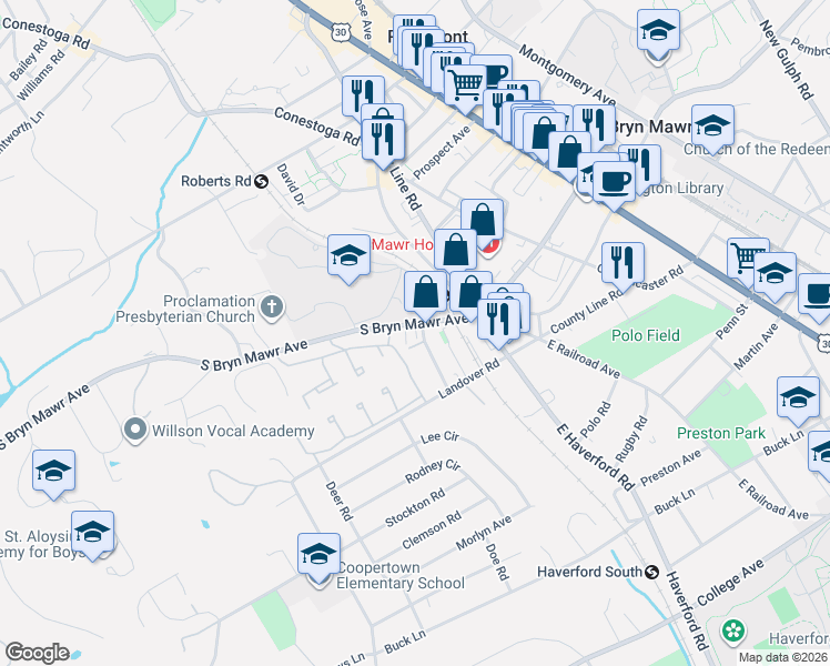 map of restaurants, bars, coffee shops, grocery stores, and more near 237 South Bryn Mawr Avenue in Bryn Mawr