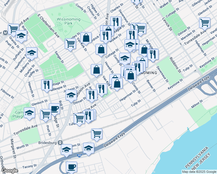 map of restaurants, bars, coffee shops, grocery stores, and more near 4610 Van Kirk Street in Philadelphia
