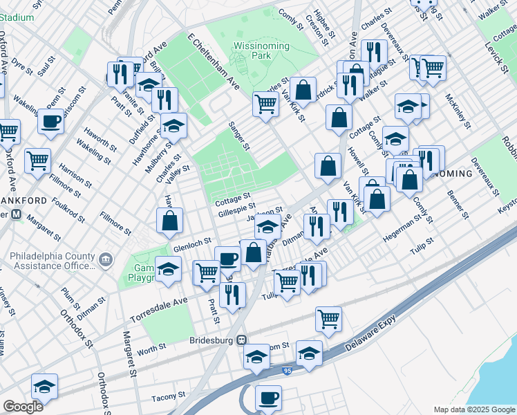 map of restaurants, bars, coffee shops, grocery stores, and more near 5305 Gillespie Street in Philadelphia