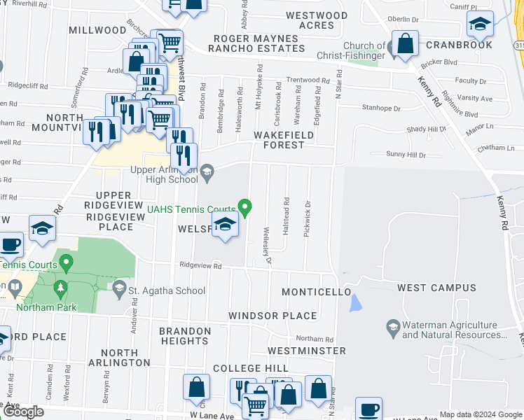map of restaurants, bars, coffee shops, grocery stores, and more near 2903 Wellesley Drive in Columbus