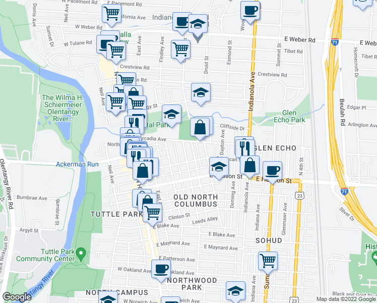 map of restaurants, bars, coffee shops, grocery stores, and more near 2654 Adams Avenue in Columbus