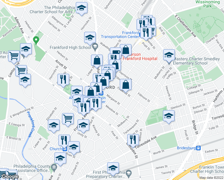 map of restaurants, bars, coffee shops, grocery stores, and more near 4731 Salem Street in Philadelphia