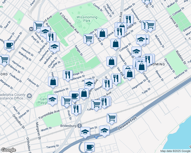 map of restaurants, bars, coffee shops, grocery stores, and more near 5364 Jackson Street in Philadelphia