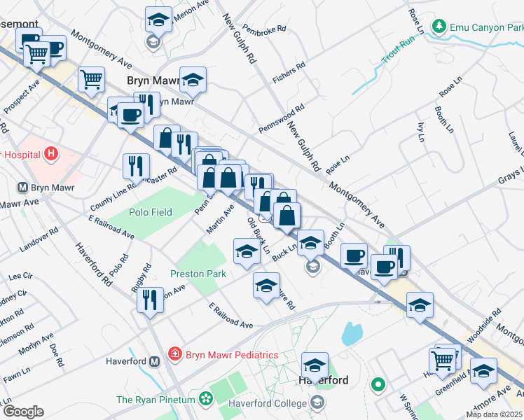 map of restaurants, bars, coffee shops, grocery stores, and more near 562 U.S. 30 in Haverford