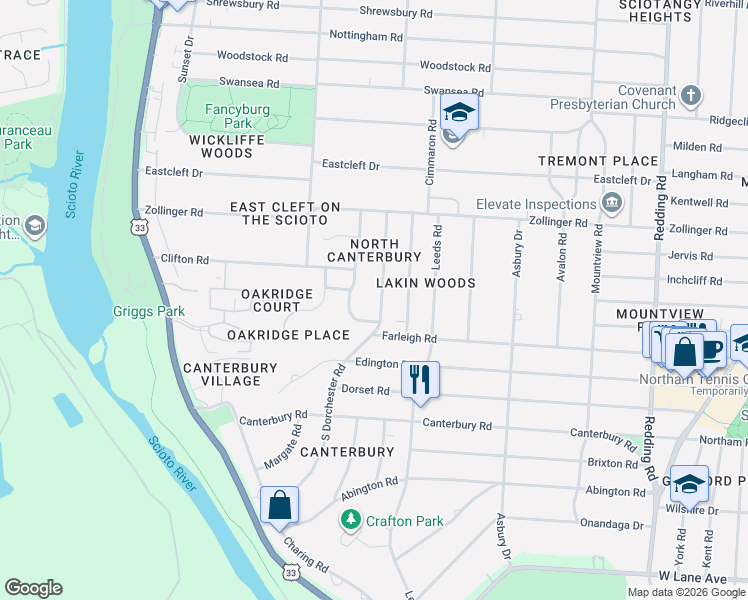 map of restaurants, bars, coffee shops, grocery stores, and more near 3063 South Dorchester Road in Upper Arlington