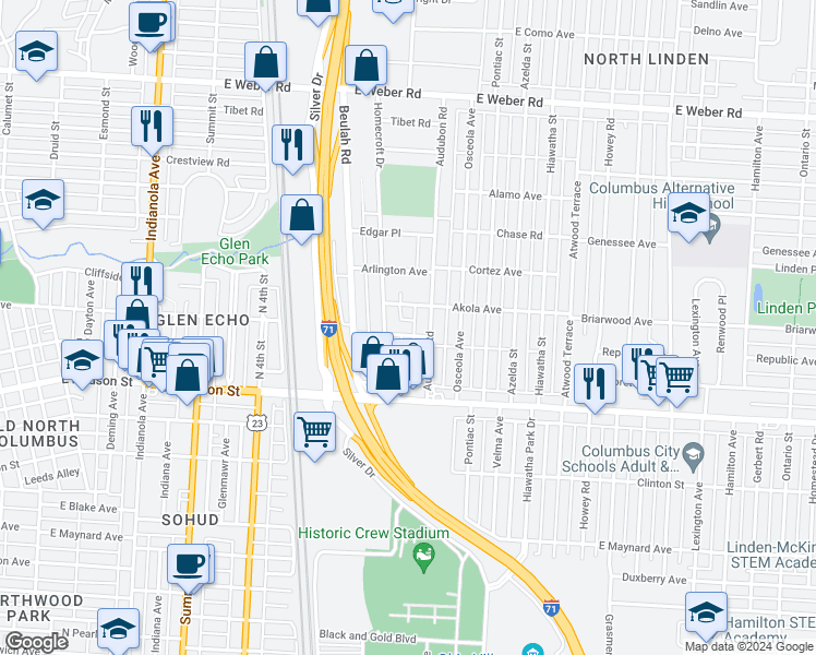 map of restaurants, bars, coffee shops, grocery stores, and more near 714 East Arcadia Avenue in Columbus
