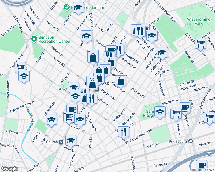 map of restaurants, bars, coffee shops, grocery stores, and more near 4731 Salem Street in Philadelphia