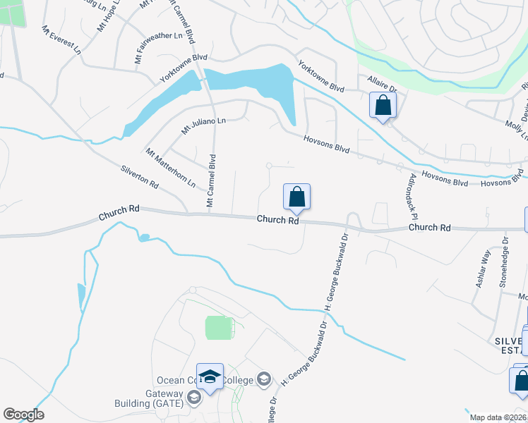 map of restaurants, bars, coffee shops, grocery stores, and more near 2070 Church Road in Toms River