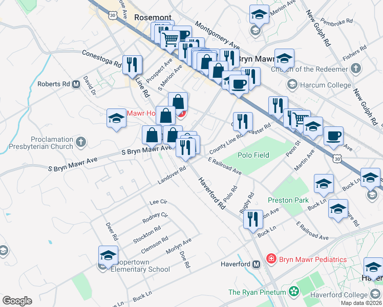 map of restaurants, bars, coffee shops, grocery stores, and more near 746 West Railroad Avenue in Bryn Mawr
