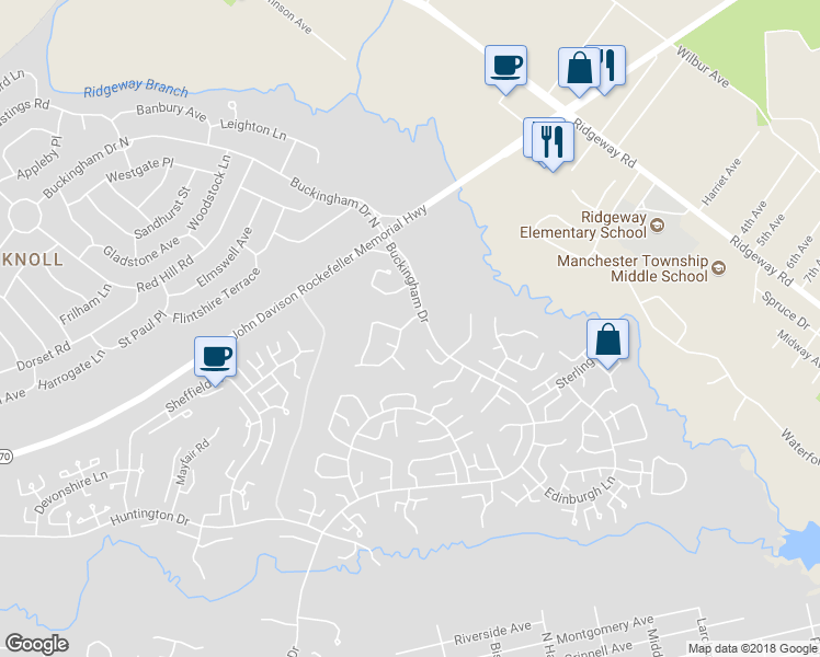 map of restaurants, bars, coffee shops, grocery stores, and more near 35A Gramercy Lane in Manchester Township