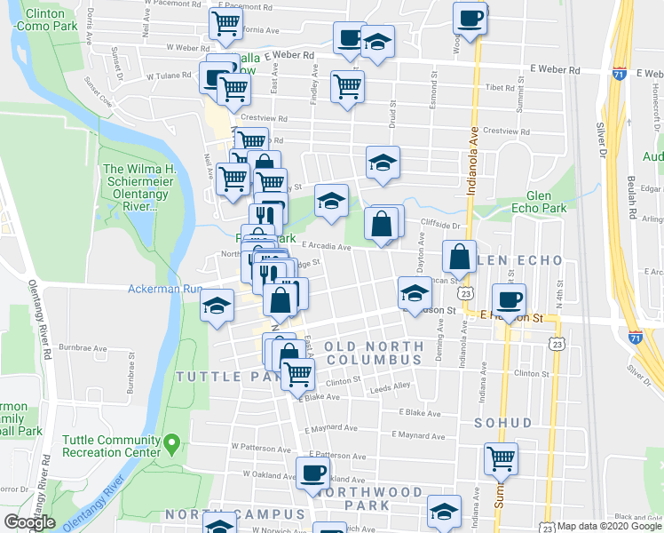 map of restaurants, bars, coffee shops, grocery stores, and more near 2662 Findley Avenue in Columbus