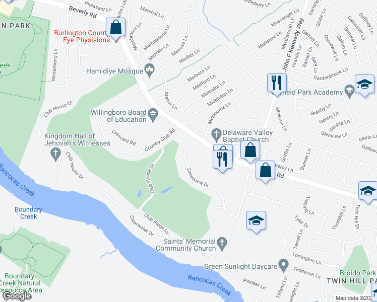 map of restaurants, bars, coffee shops, grocery stores, and more near 27 Crestview Drive in Willingboro