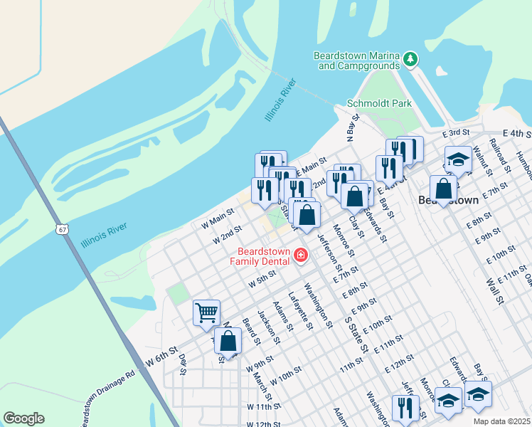 map of restaurants, bars, coffee shops, grocery stores, and more near 200 West 2nd Street in Beardstown