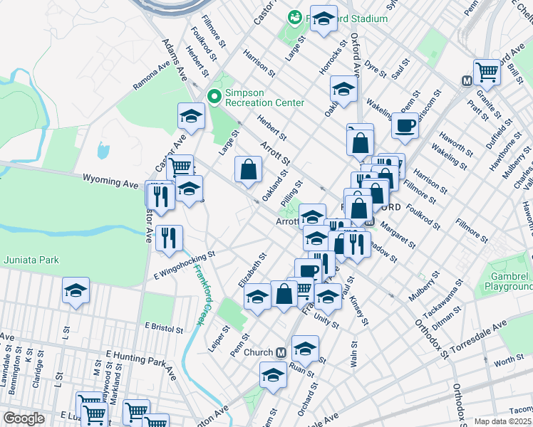 map of restaurants, bars, coffee shops, grocery stores, and more near 1310 Orthodox Street in Philadelphia