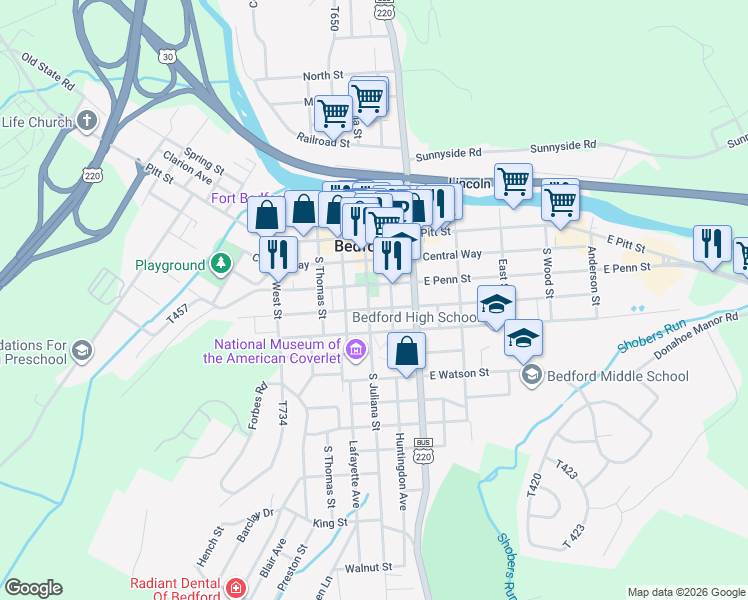 map of restaurants, bars, coffee shops, grocery stores, and more near 203 South Juliana Street in Bedford