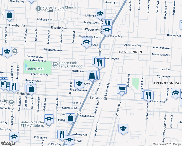 map of restaurants, bars, coffee shops, grocery stores, and more near 1641 Myrtle Avenue in Columbus