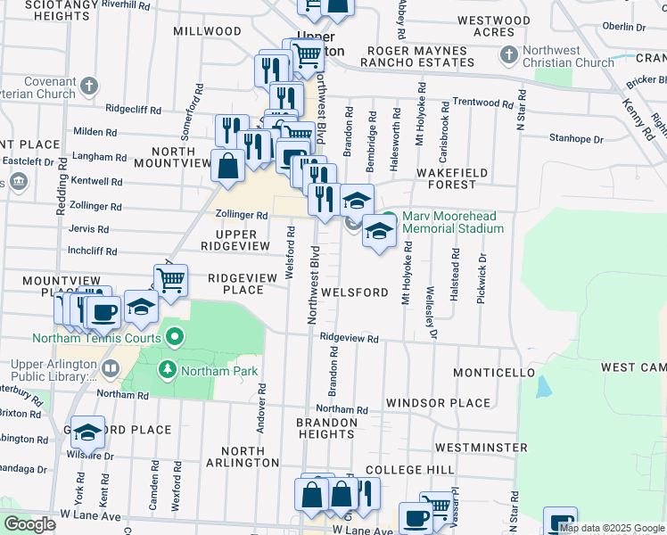 map of restaurants, bars, coffee shops, grocery stores, and more near 2935 Brandon Road in Upper Arlington