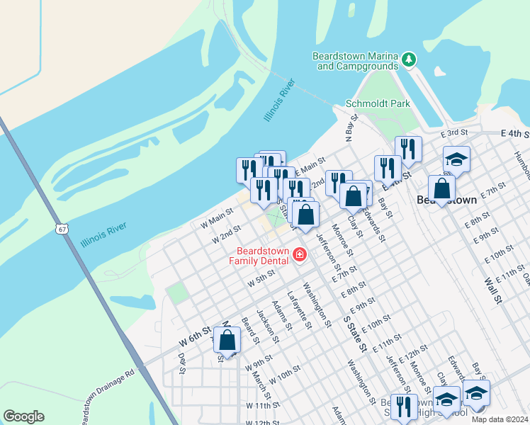 map of restaurants, bars, coffee shops, grocery stores, and more near 200 West 2nd Street in Beardstown
