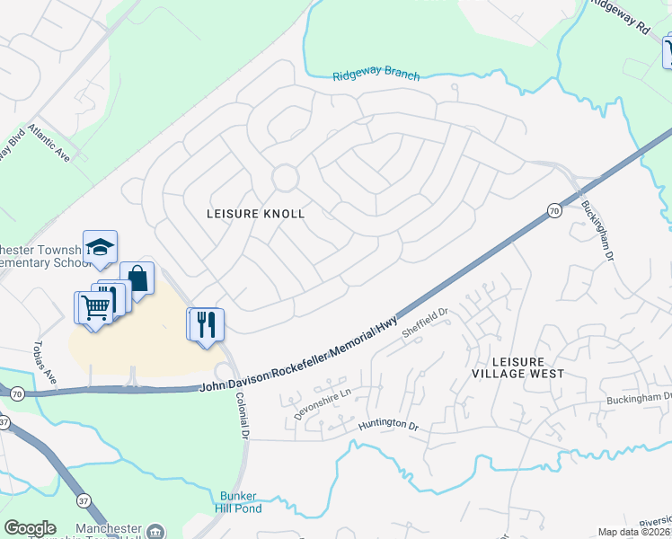 map of restaurants, bars, coffee shops, grocery stores, and more near 21 Frilham Lane in Manchester Township