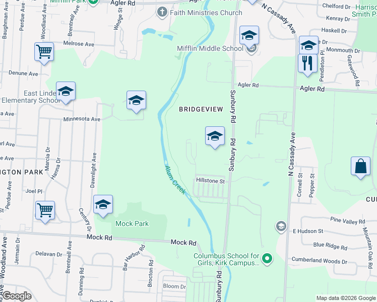 map of restaurants, bars, coffee shops, grocery stores, and more near 2303 Doneen Drive in Columbus