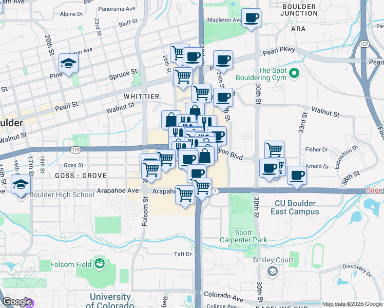 map of restaurants, bars, coffee shops, grocery stores, and more near 2700 Canyon Boulevard in Boulder