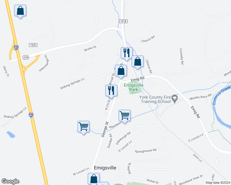 map of restaurants, bars, coffee shops, grocery stores, and more near 3220 North George Street in York