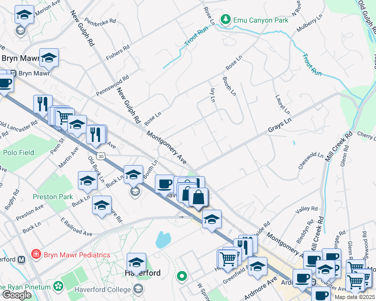 map of restaurants, bars, coffee shops, grocery stores, and more near 429 Montgomery Avenue in Haverford