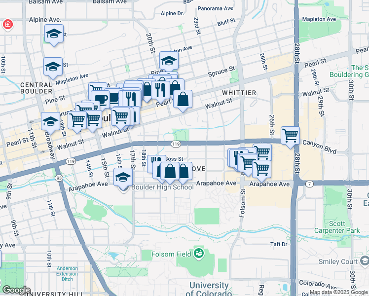 map of restaurants, bars, coffee shops, grocery stores, and more near 2036 Canyon Boulevard in Boulder