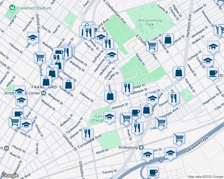 map of restaurants, bars, coffee shops, grocery stores, and more near 1891 Haworth Street in Philadelphia
