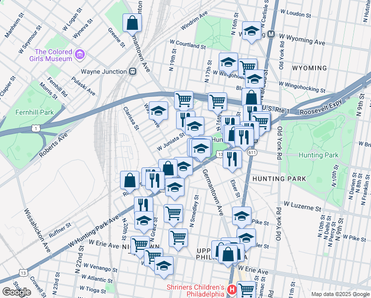 map of restaurants, bars, coffee shops, grocery stores, and more near 1717 Staub Street in Philadelphia