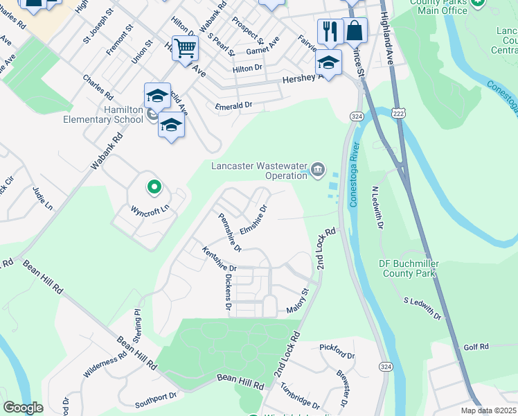 map of restaurants, bars, coffee shops, grocery stores, and more near 312 Elmshire Drive in Lancaster