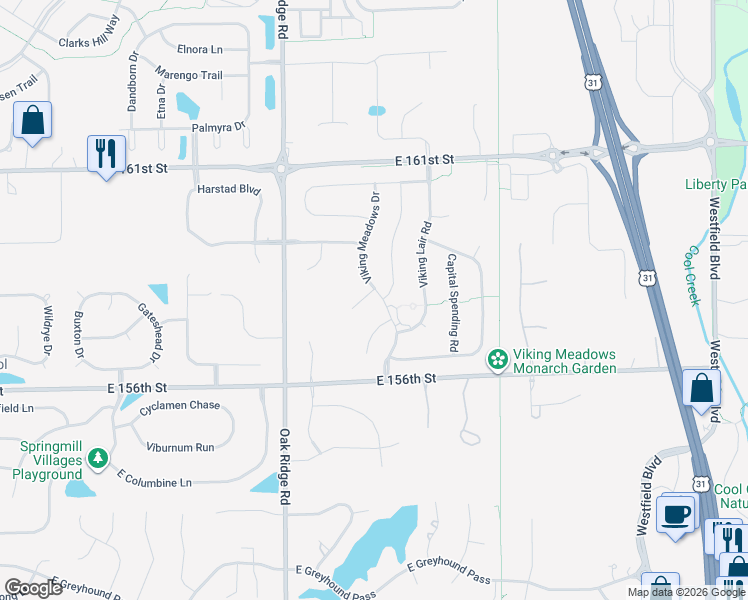 map of restaurants, bars, coffee shops, grocery stores, and more near 15770 Viking Meadows Drive in Westfield