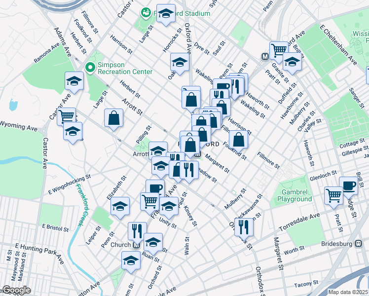 map of restaurants, bars, coffee shops, grocery stores, and more near 1522 Arrott Street in Philadelphia