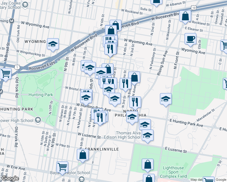 map of restaurants, bars, coffee shops, grocery stores, and more near 4319 North Lawrence Street in Philadelphia