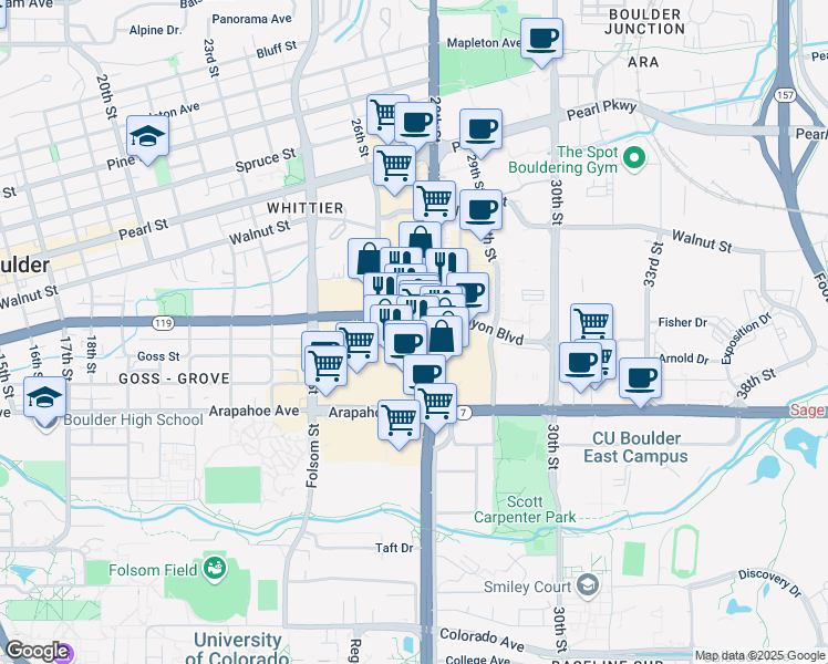 map of restaurants, bars, coffee shops, grocery stores, and more near 2700 Canyon Boulevard in Boulder